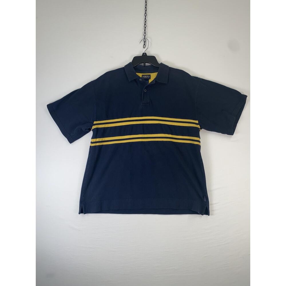 955 Originals Polo Shirt Mens XL Blue Yellow Striped Cotton Short Sleeve Casual